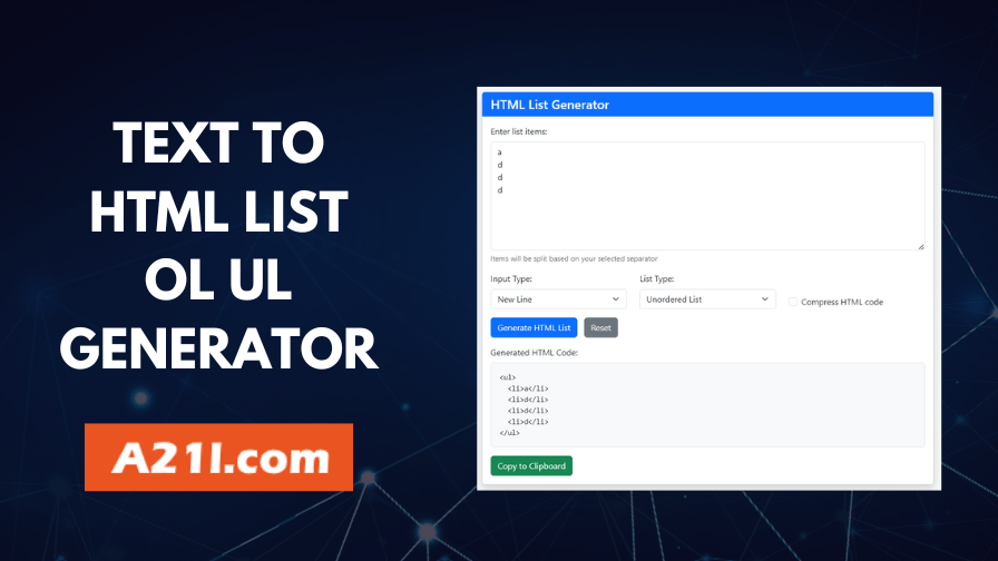 Free HTML List Generator Tool - Convert text to HTML lists with multiple separator options